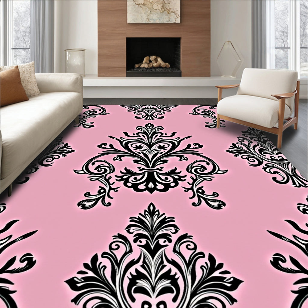 Elegant Pink Black Flourish Swirl Rug