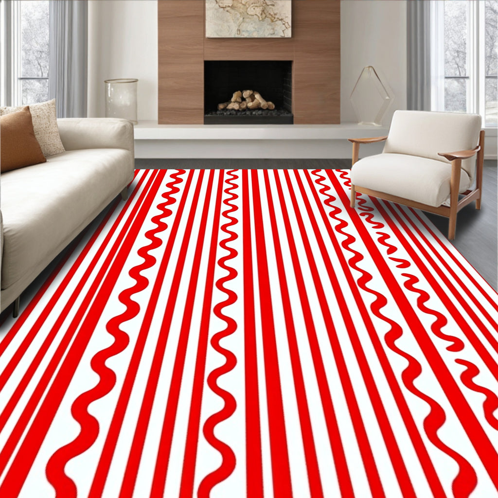 Bold Red Striped Wavy Lines Rug