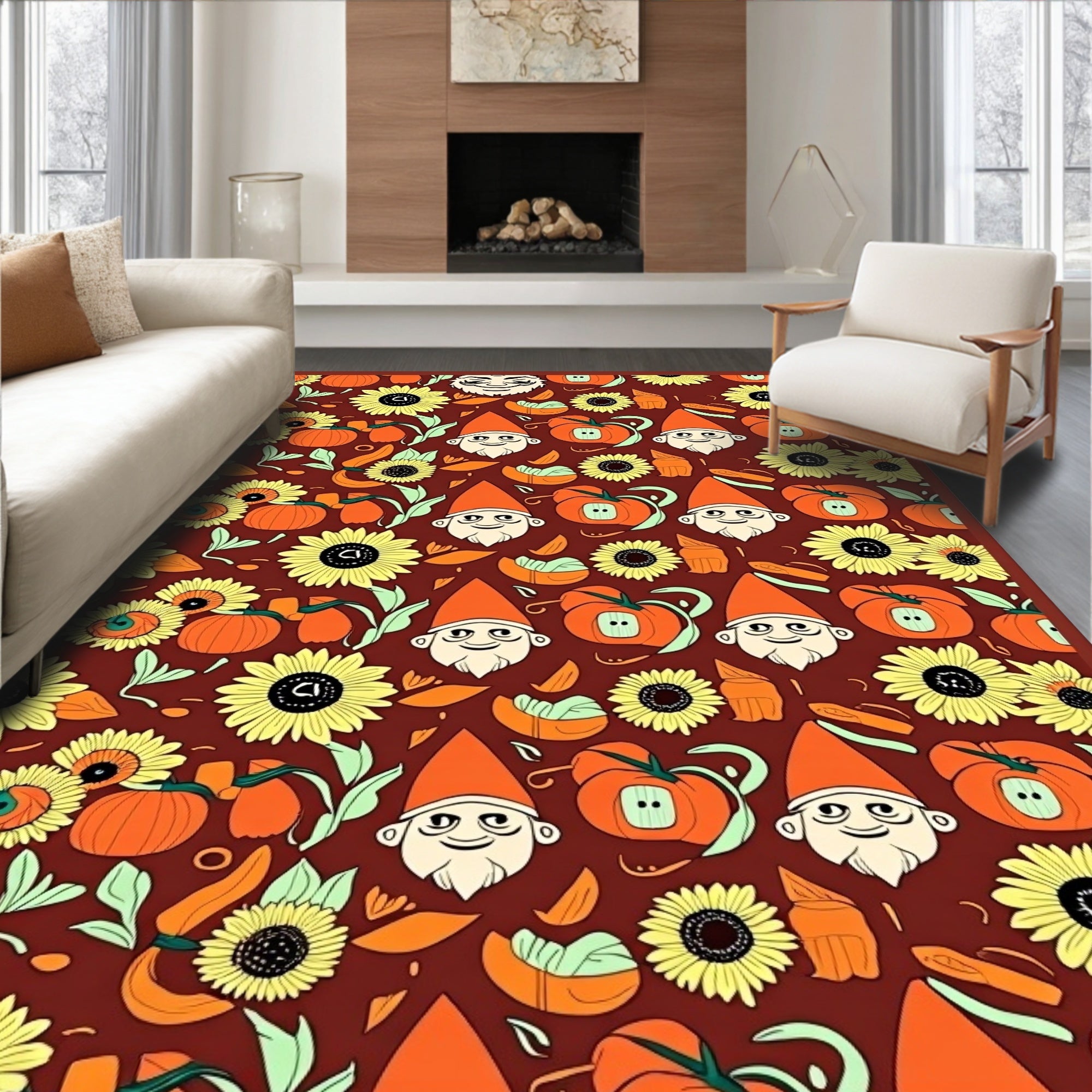 Whimsical Gnomes Sunflowers Pumpkins Abound Rug