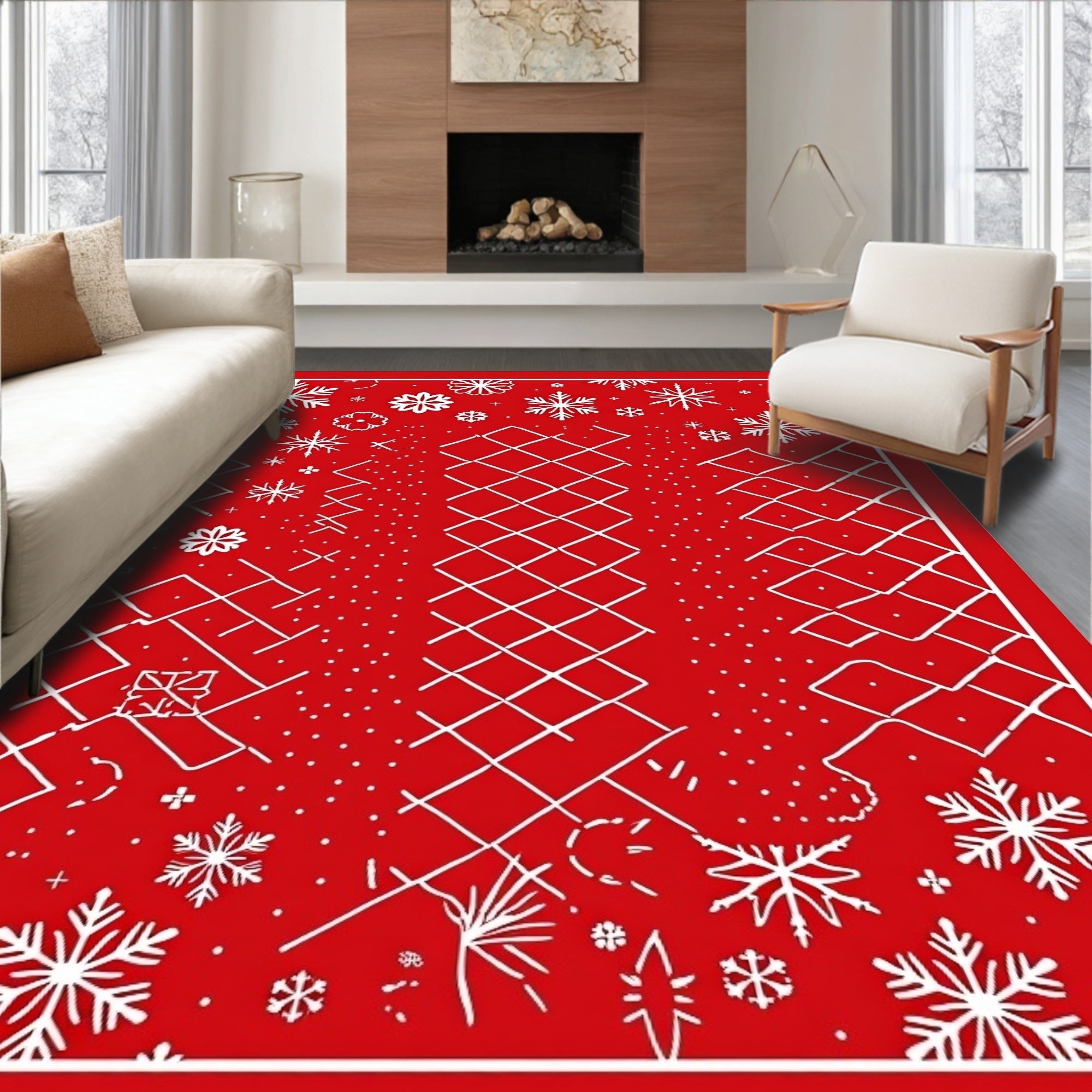 Crimson White Snowflake Geometric Collage Rug