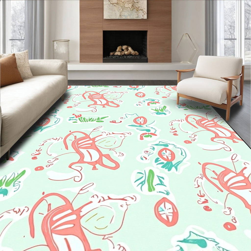 Coral Blue Green Whimsical Sketch Repeat Rug