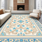 Cream Blue Floral Scrollwork Medallion Rug