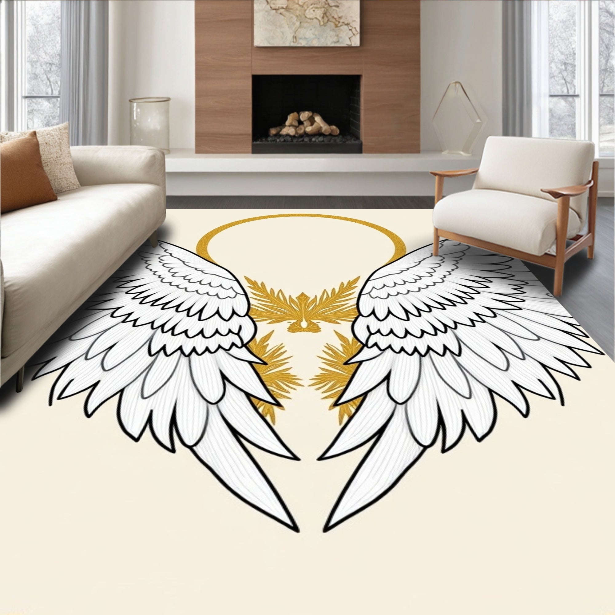 Gold Halo White Angelic Wings Rug