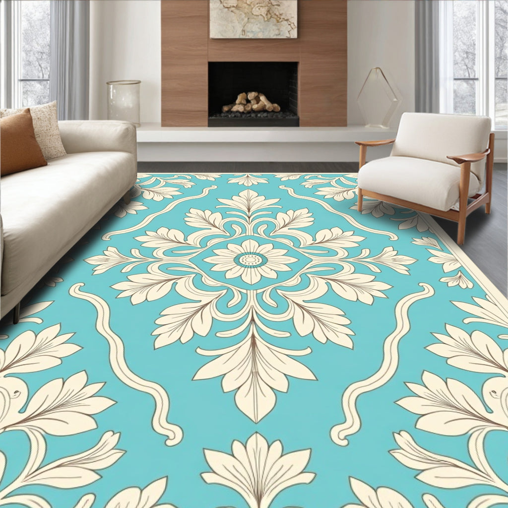 Elegant Teal Floral Scroll Rug