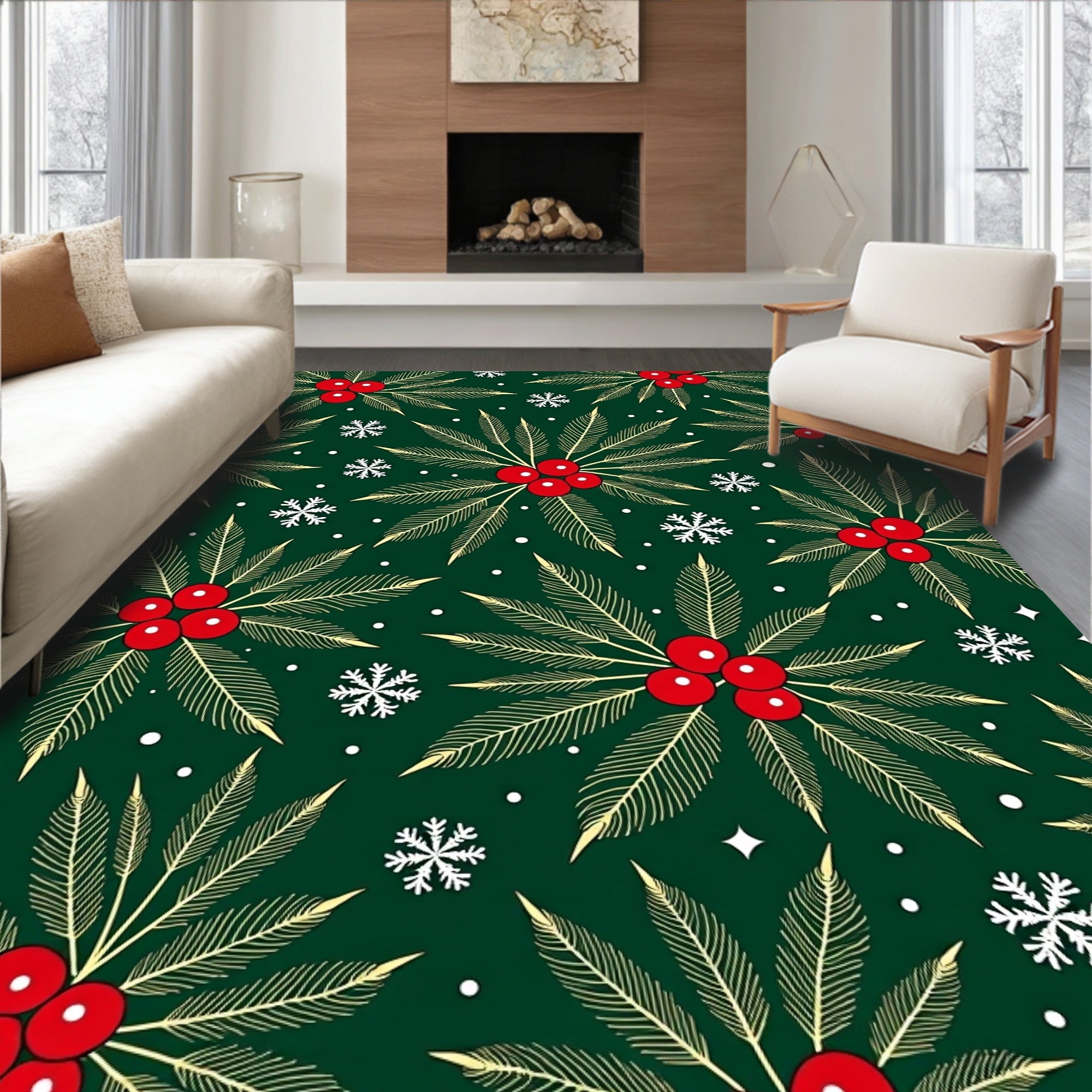 Festive Holly Berry Snowflake Meadow Rug