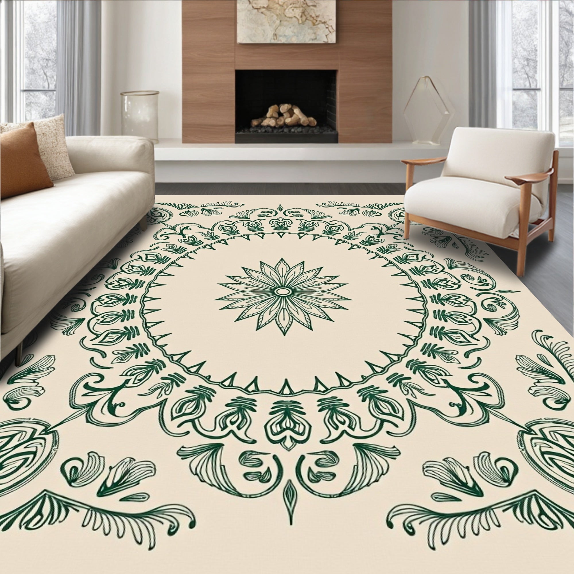 Emerald green botanical medallion tapestry Rug