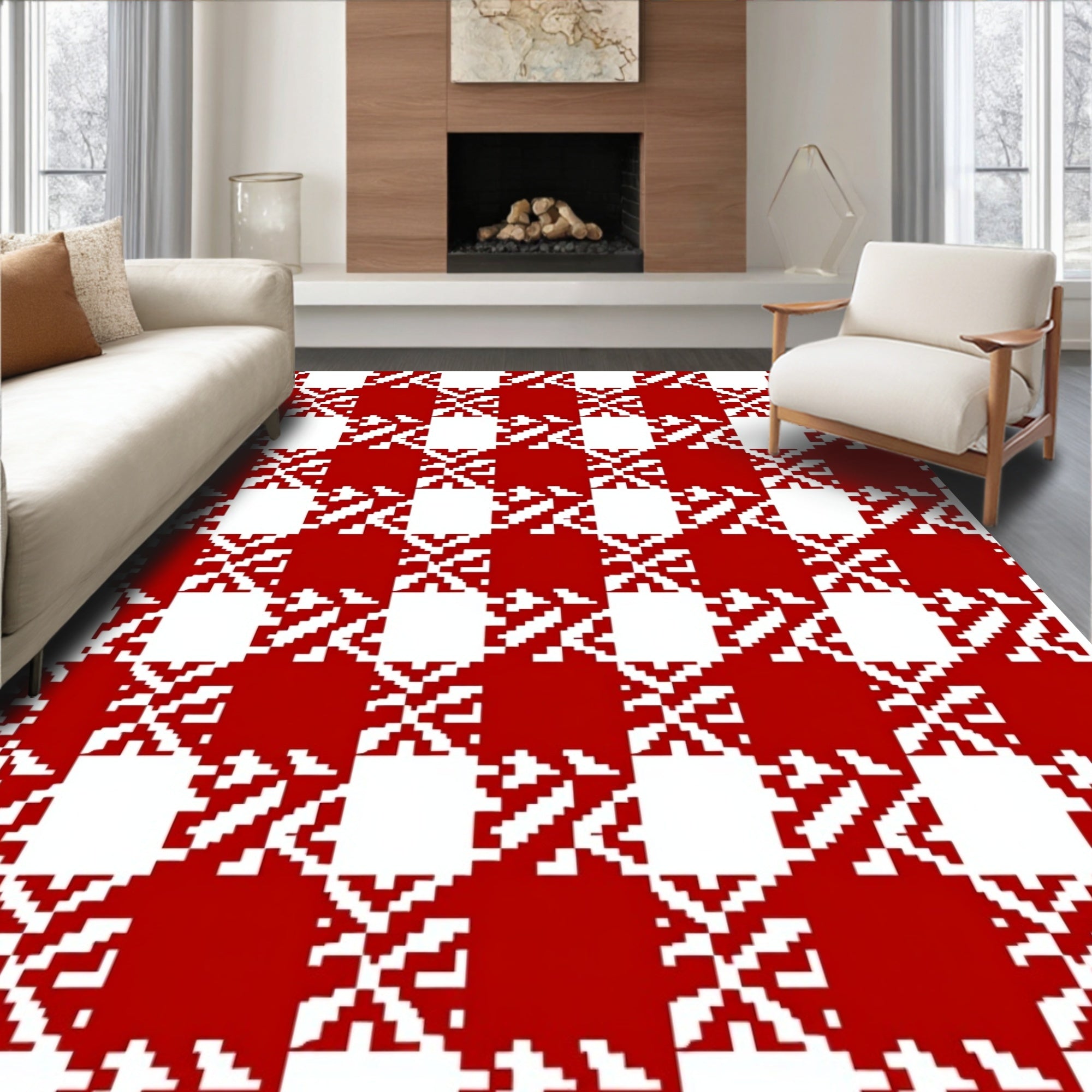 Red White Houndstooth Checkered Rug