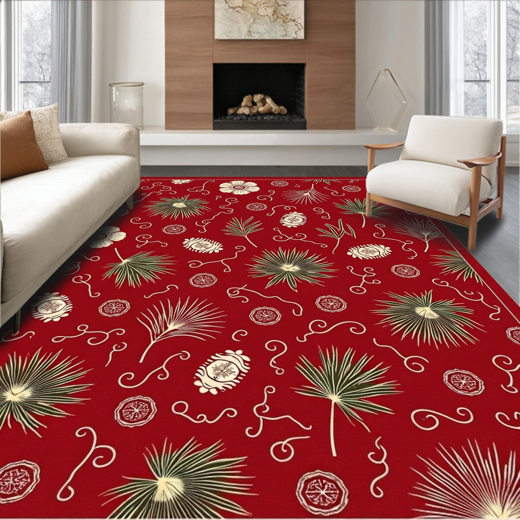 Crimson Floral Palm Silhouette Rug