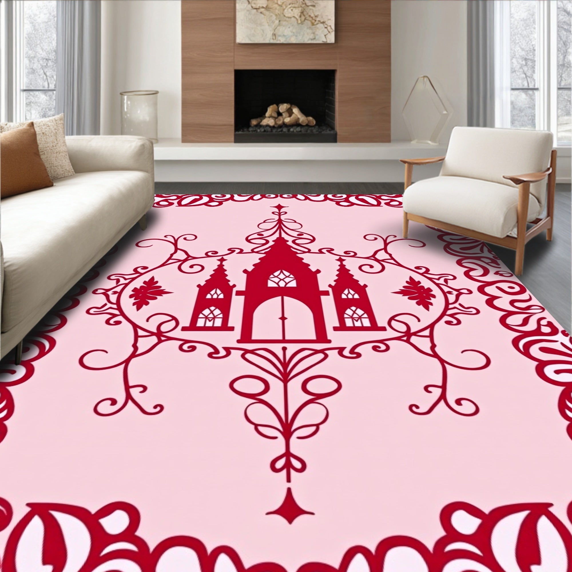 Crimson Ornate Castle Scrollwork Rug