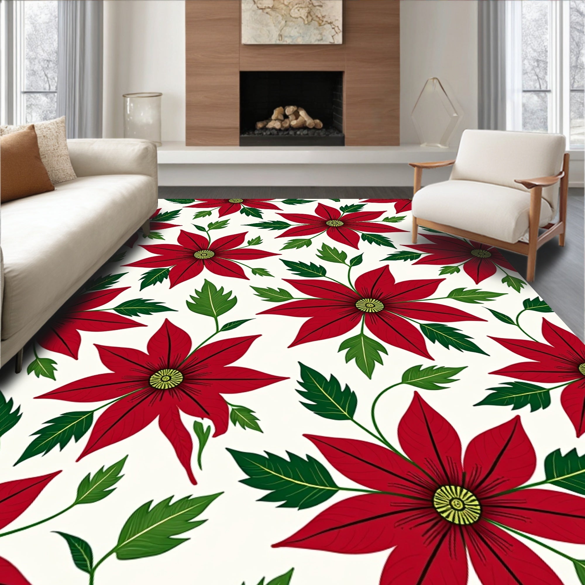 Classic Red Poinsettia Floral Garden Rug