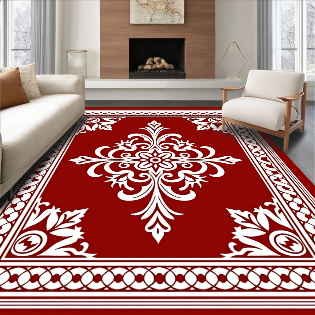Crimson White Floral Medallion Border Rug