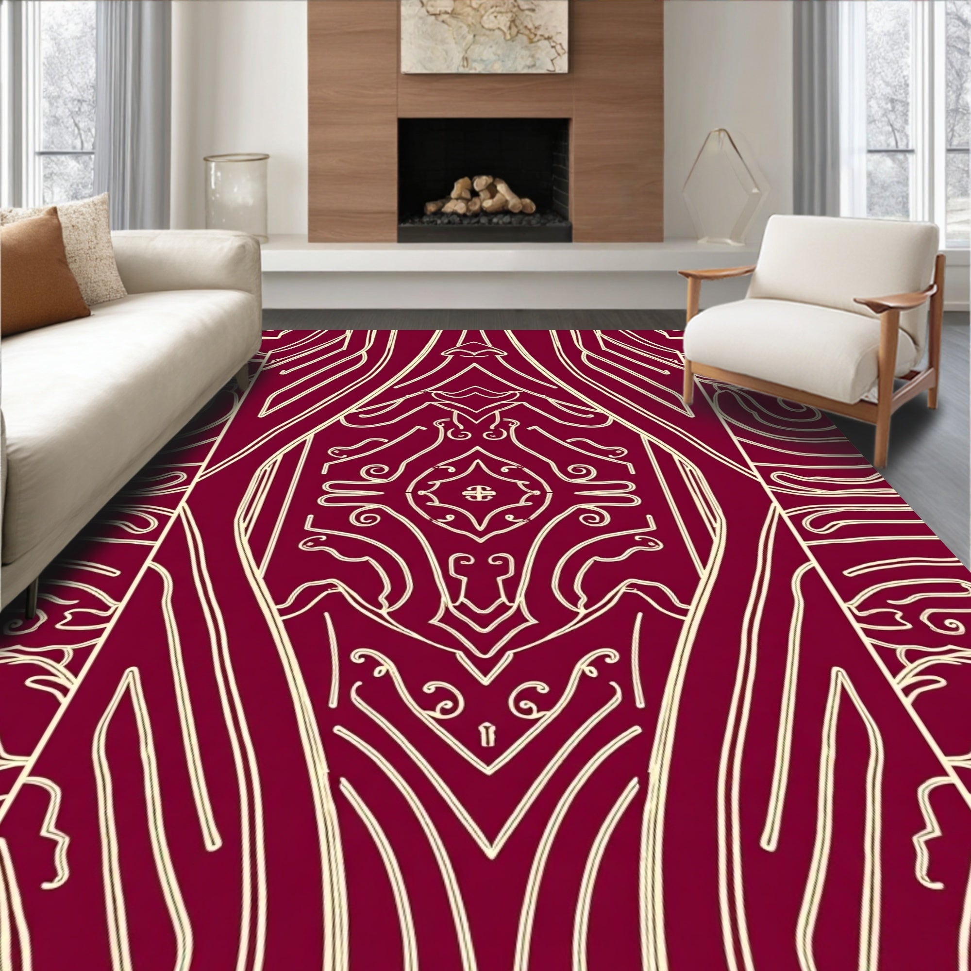Crimson Ivory Scrollwork Diamond Rug