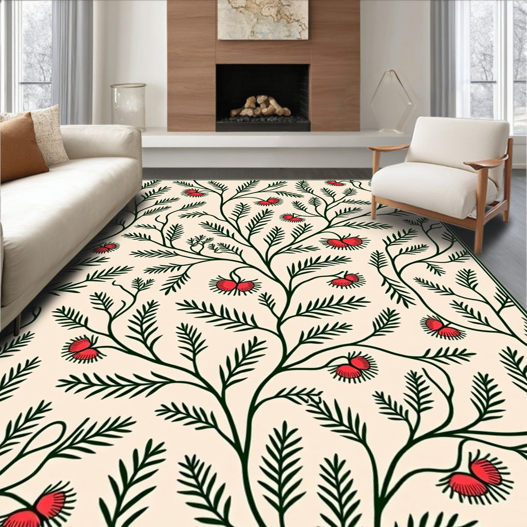 Crimson Floral Fern Branch Rug