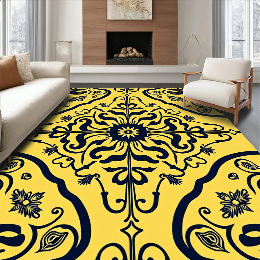 Dark Navy Floral Sunburst Yellow Mandala Rug