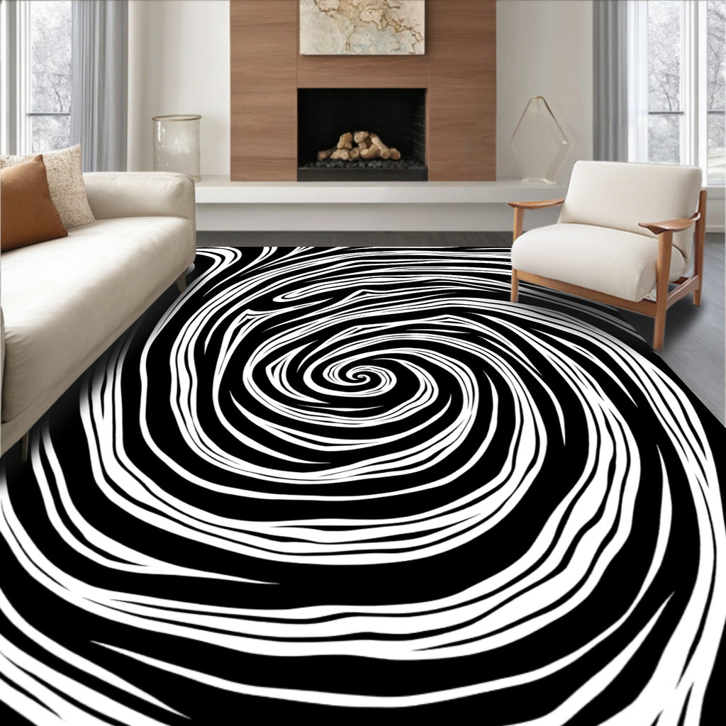 Black White Swirling Vortex Graphic Rug