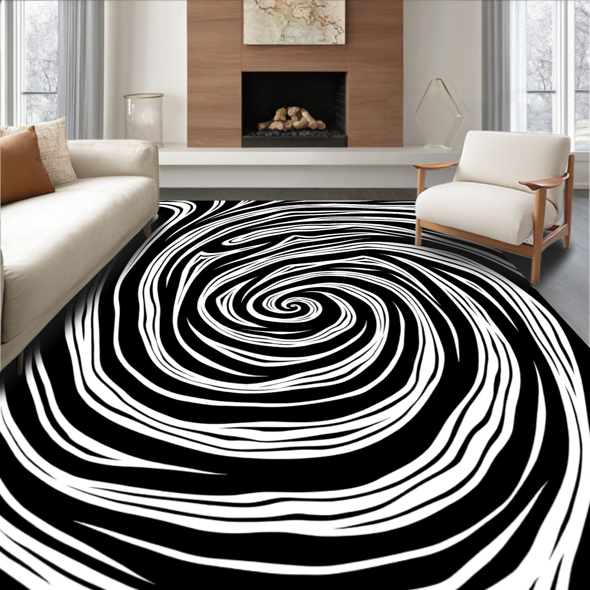 Black White Swirling Vortex Graphic Rug
