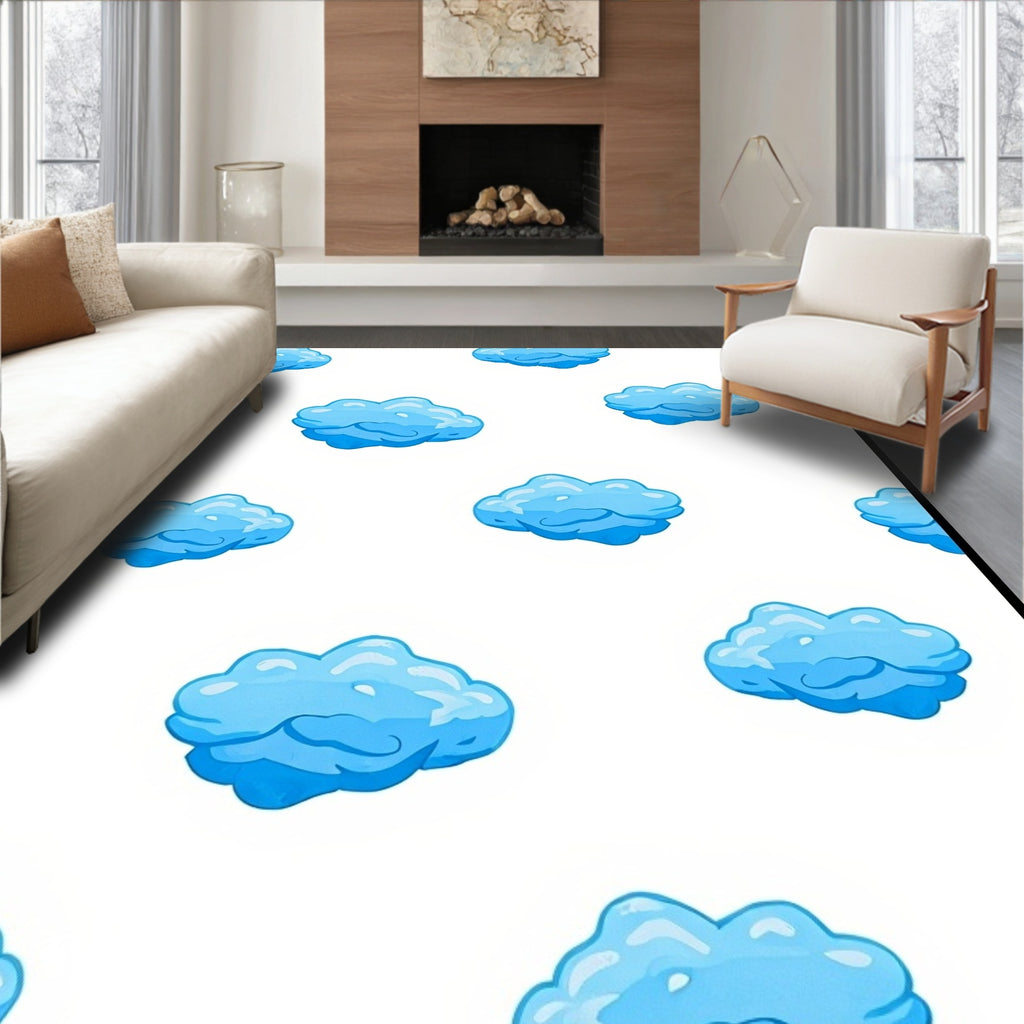 Bright Blue Cartoon Clouds Scattered Rug