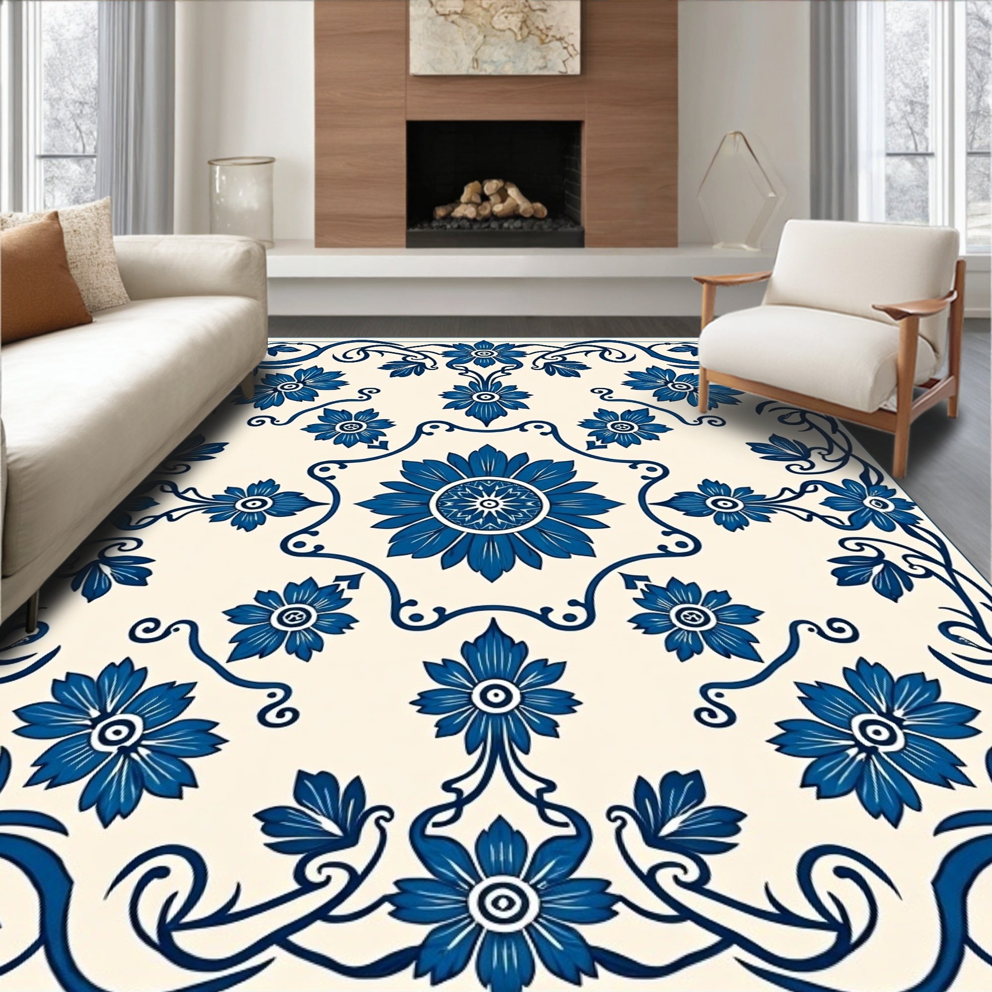 Deep Blue Floral Vine Scroll Rug