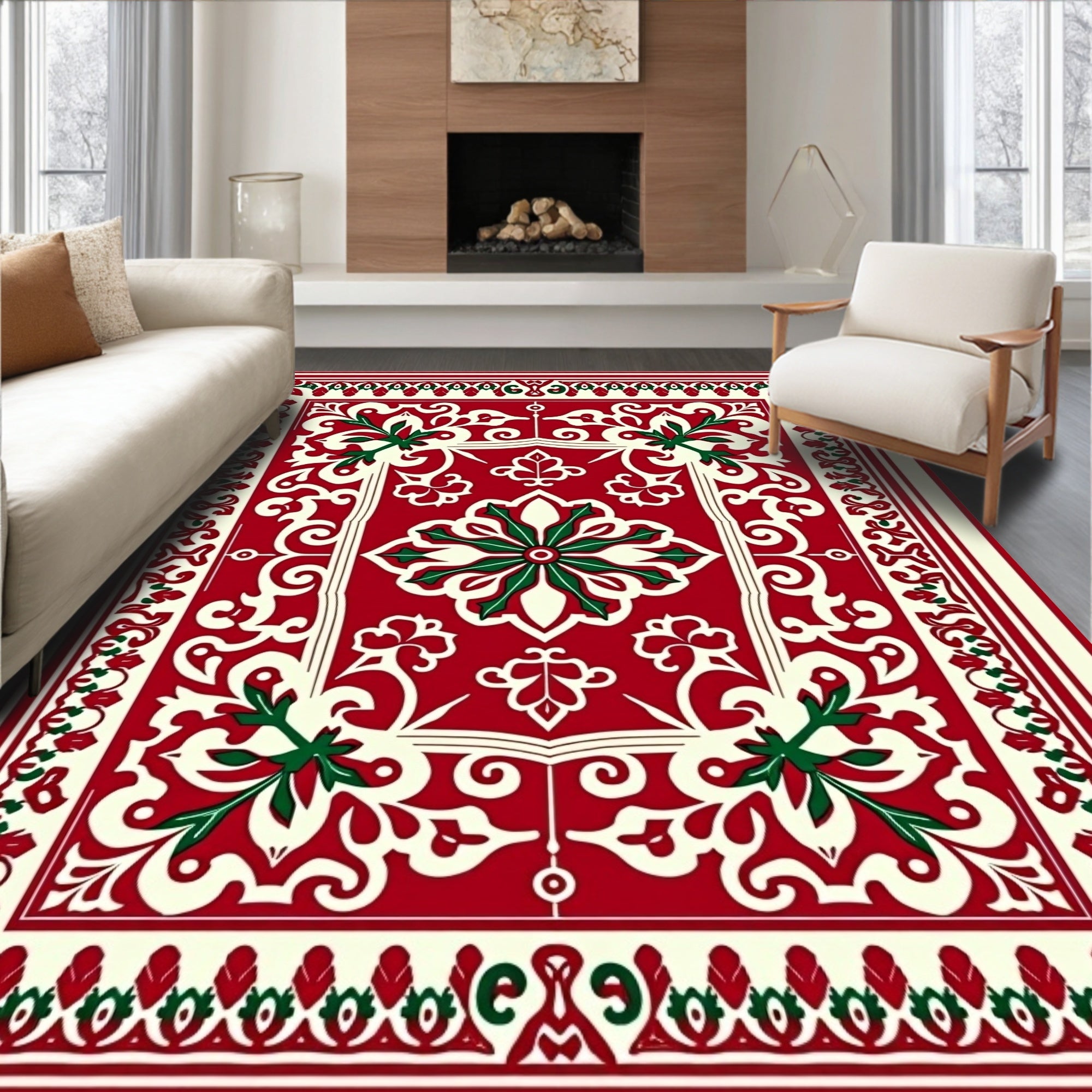 Red Cream Green Floral Medallion Rug