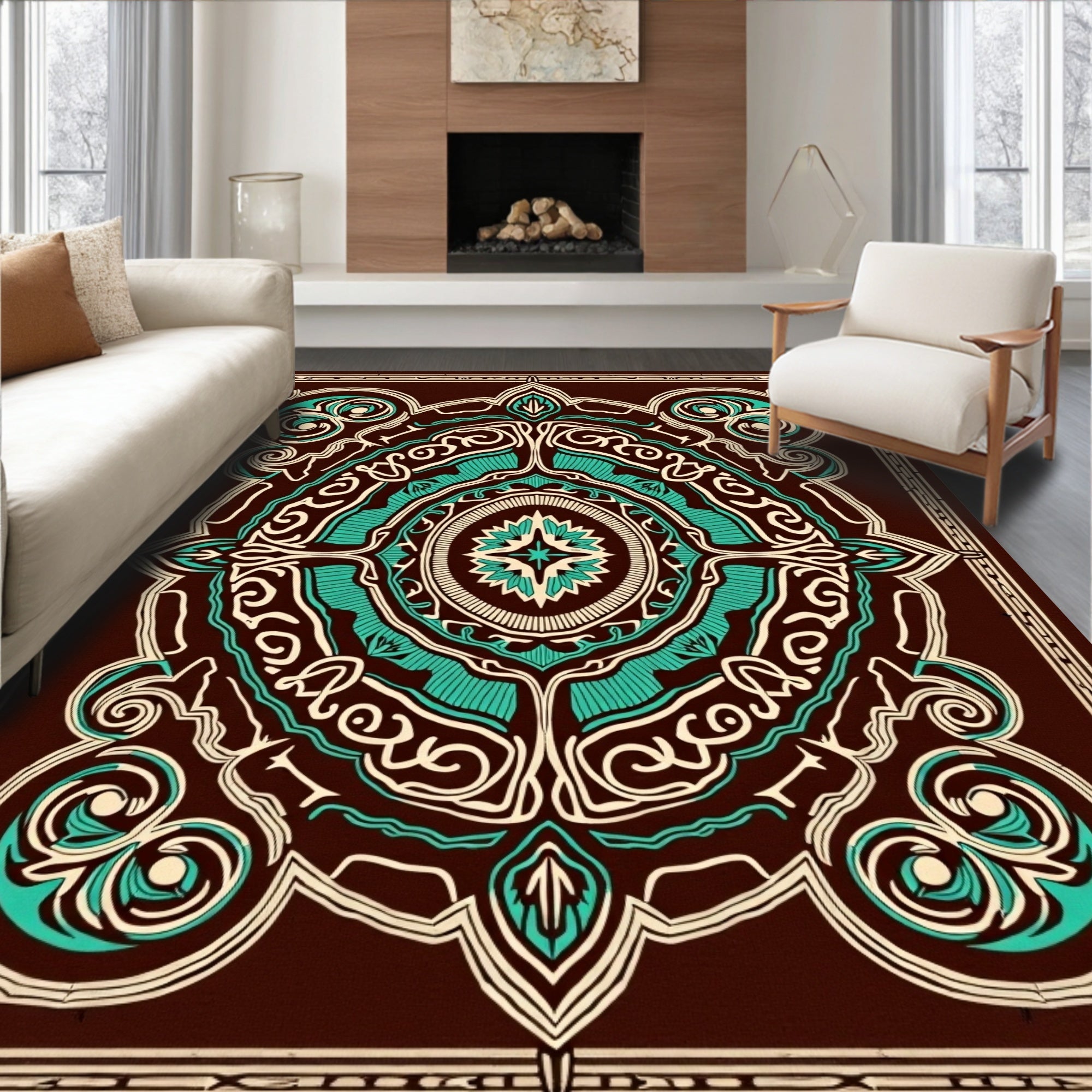 Brown Teal Intricate Mandala Rug