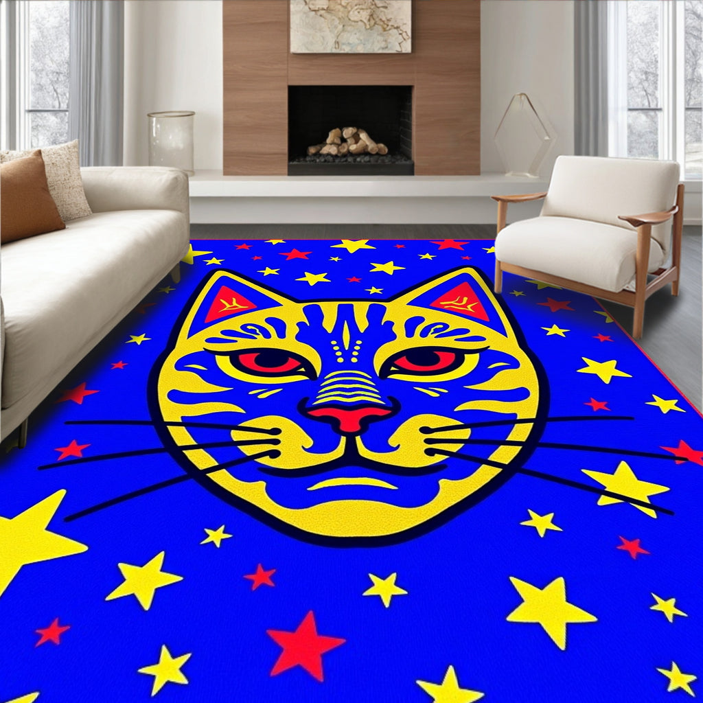 Vibrant Blue Abstract Cat Stars Rug