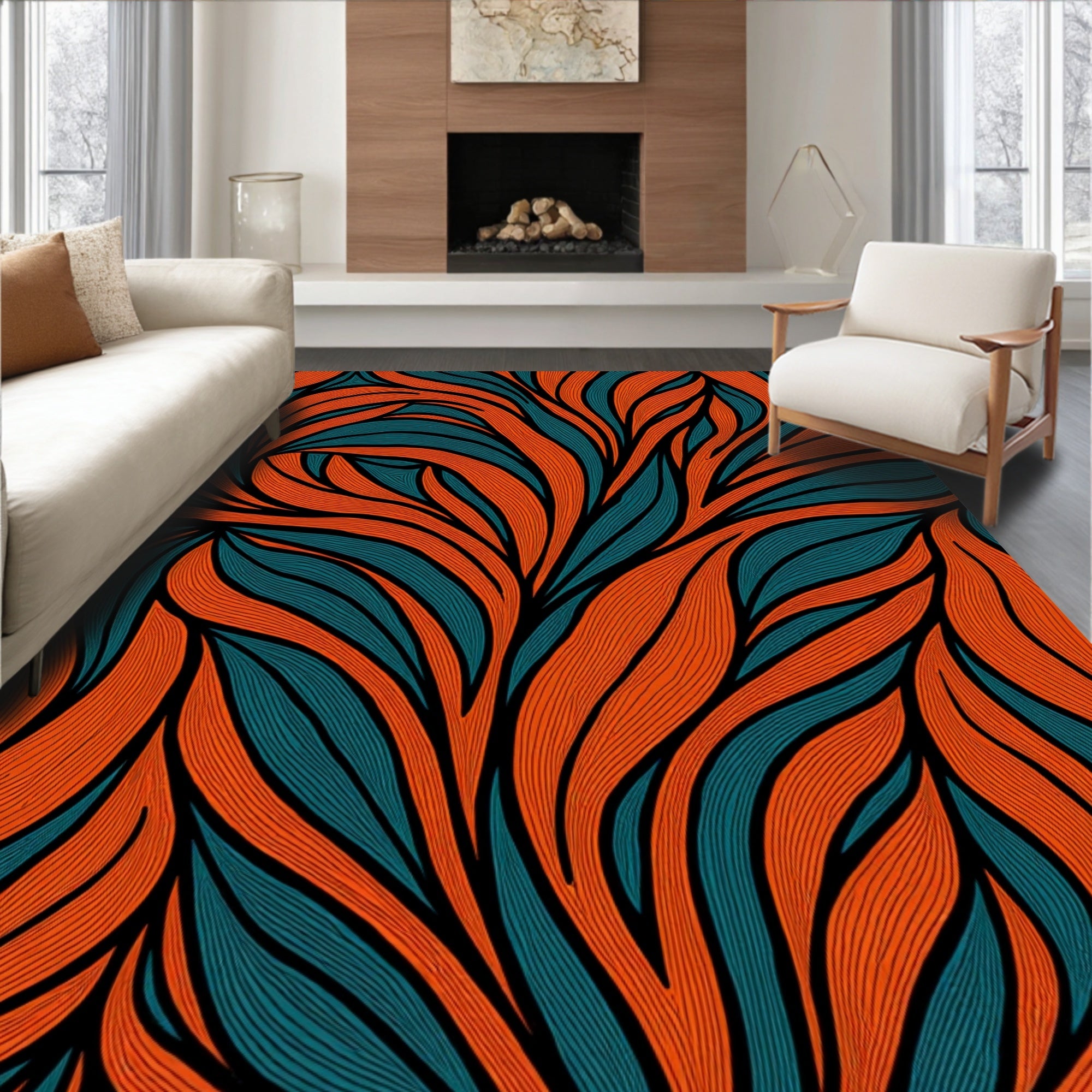 Tangerine Teal Flowing Organic Lines Rug