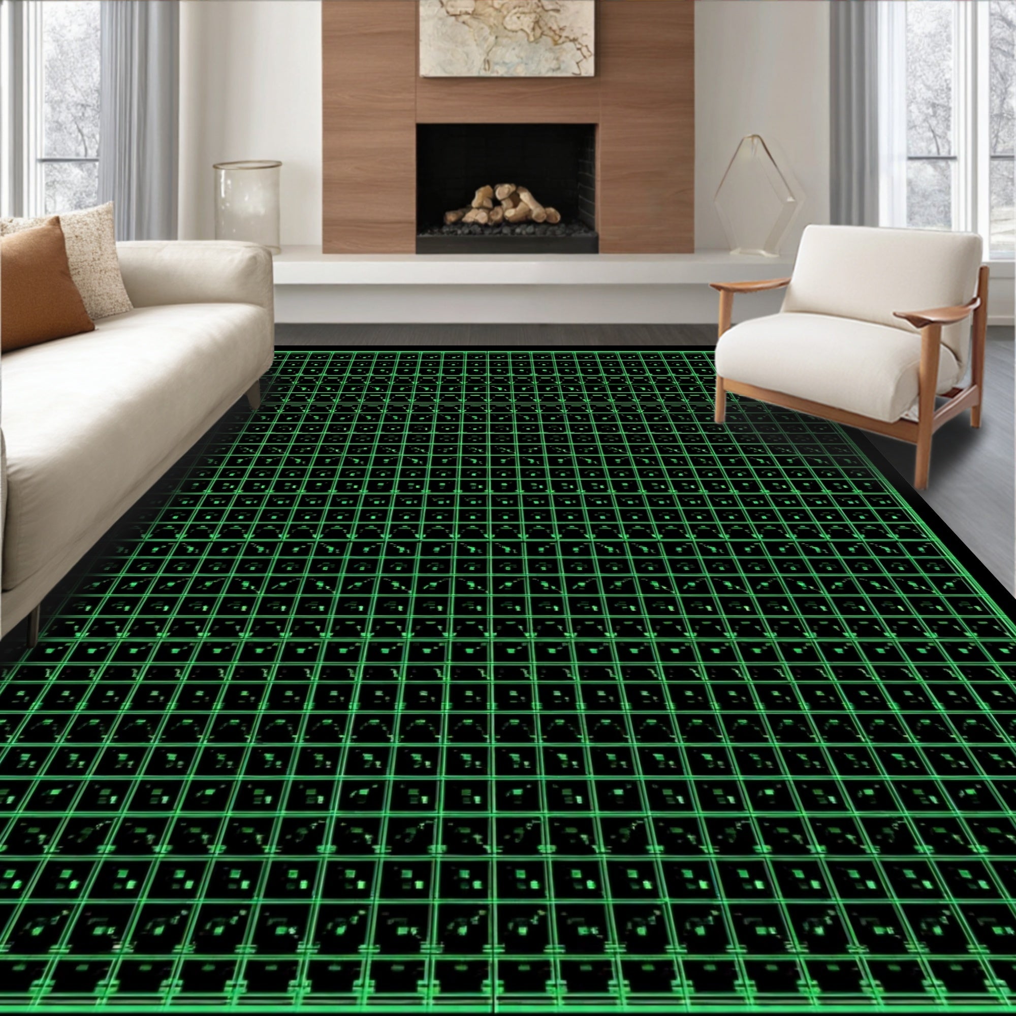 Geometric Black Squares Grid Rug