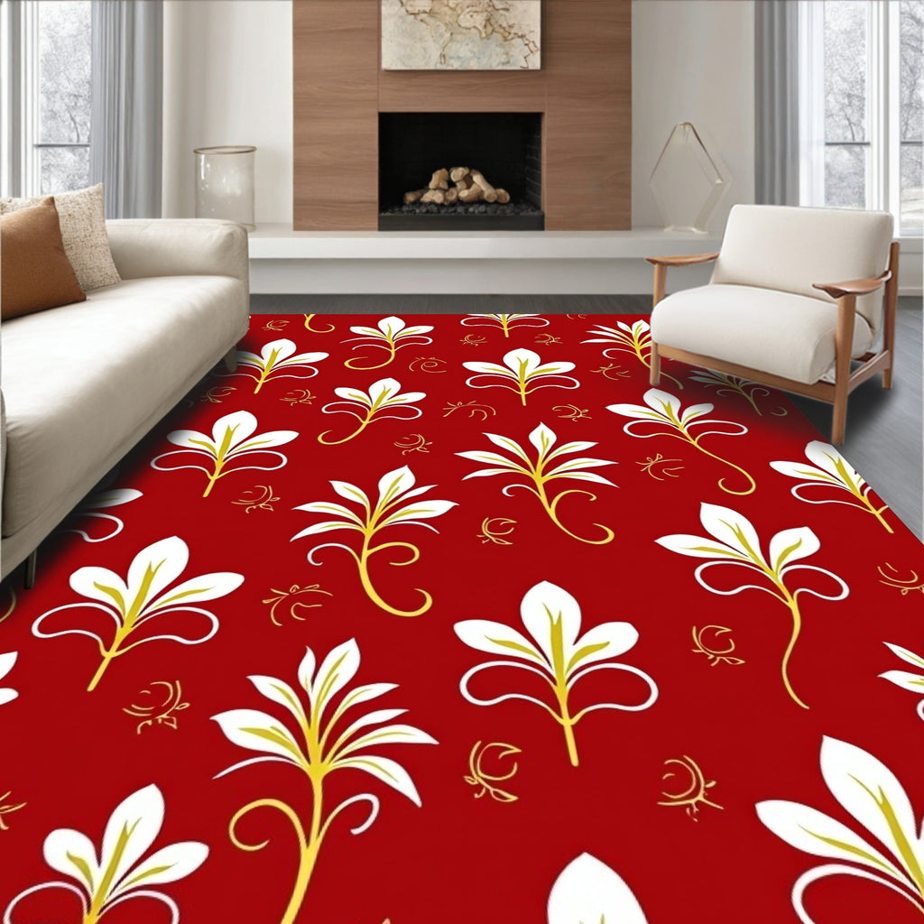 Bold Red White Gold Floral Curlicue Rug