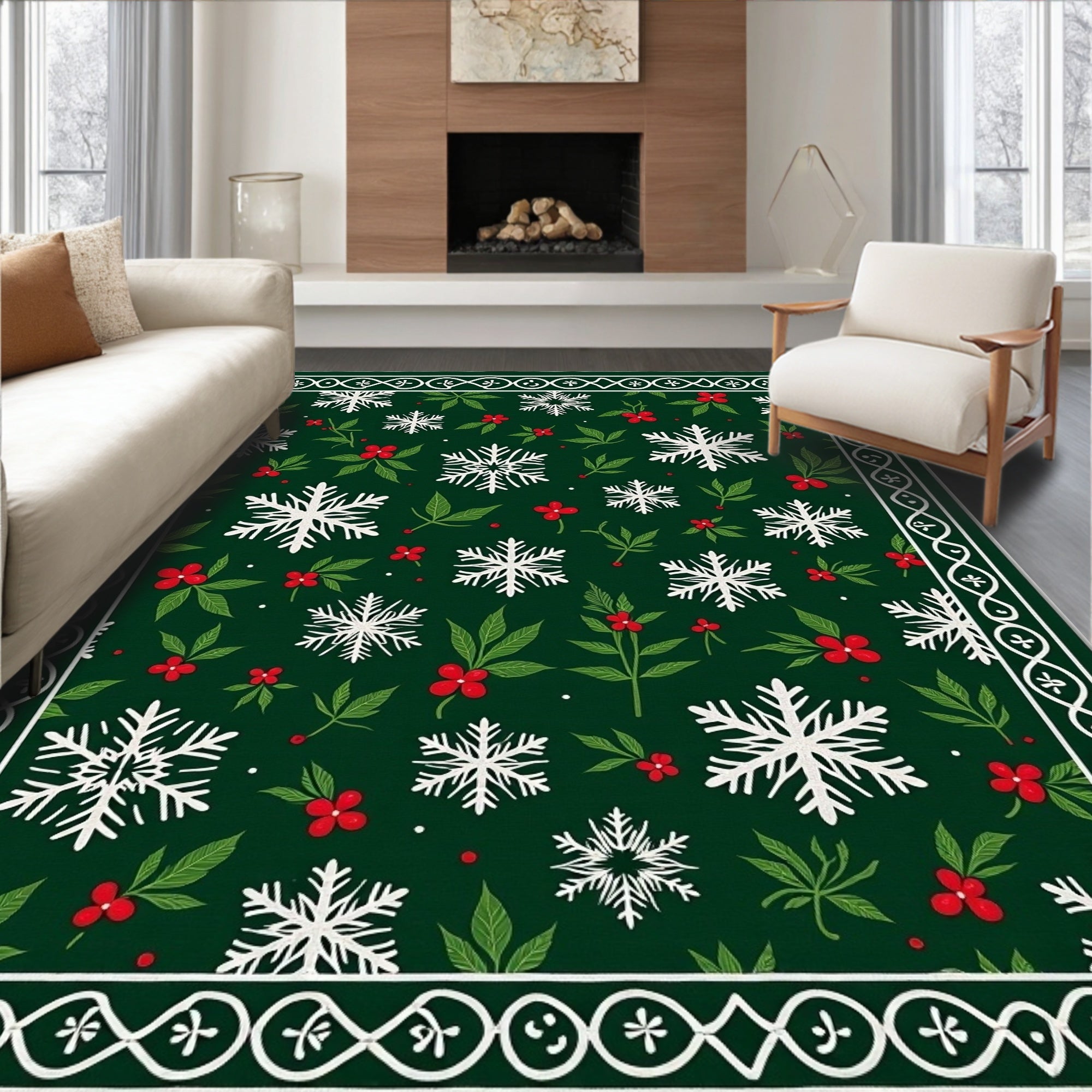 Green White Snowflake Holly Border Rug