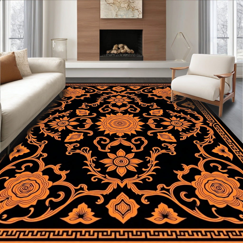 Vibrant Orange Floral Medallion Black Rug