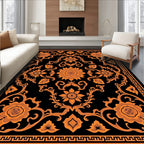Vibrant Orange Floral Medallion Black Rug