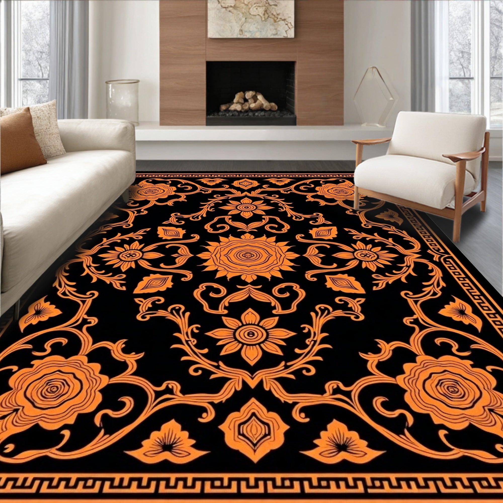 Vibrant Orange Floral Medallion Black Rug
