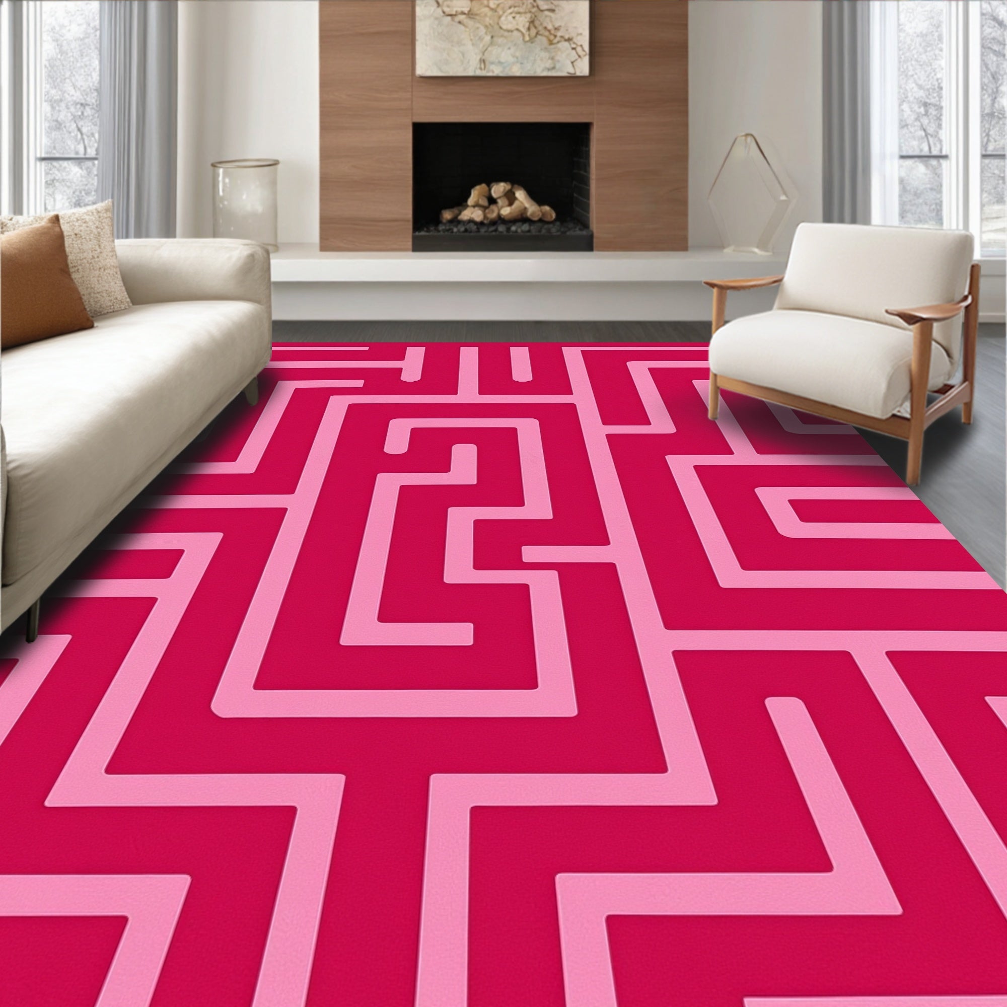 Crimson Pink Maze Geometric Rug