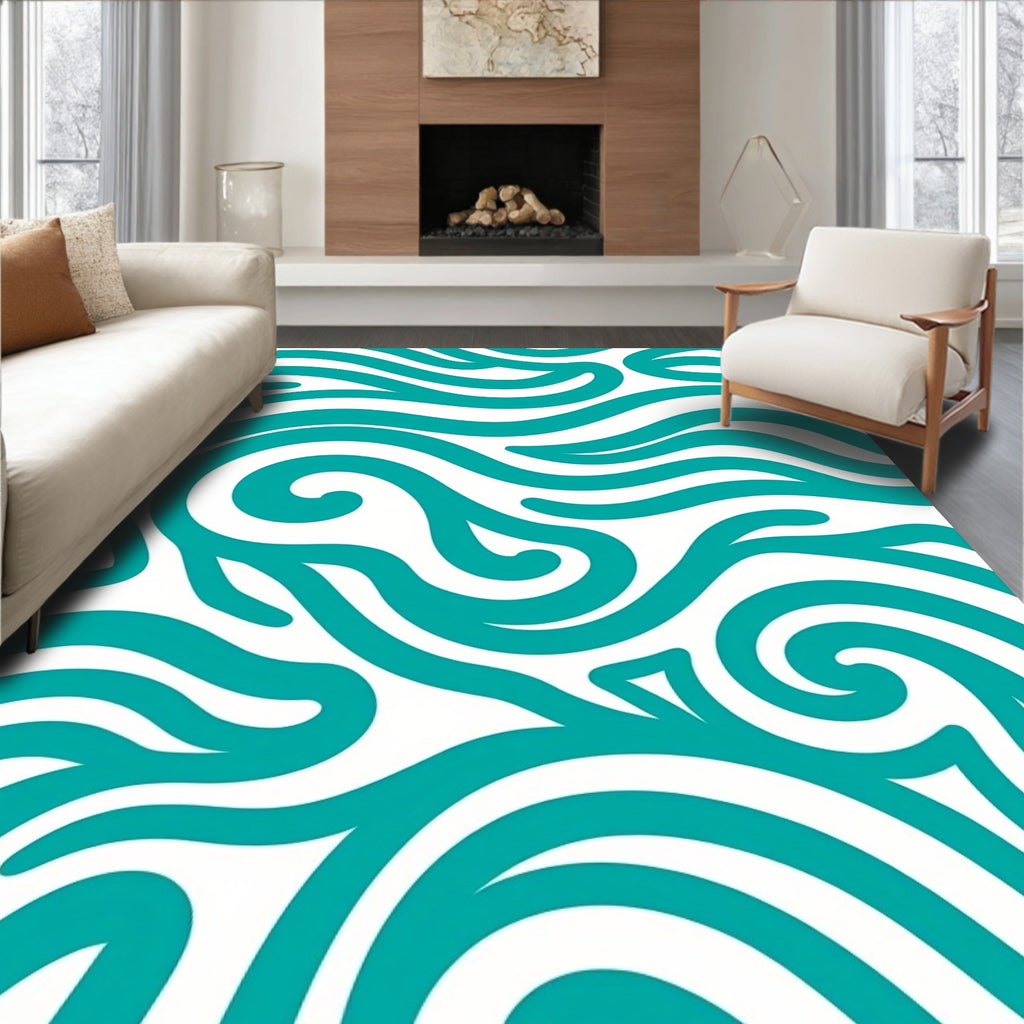Teal Abstract Swirl Wave Rug