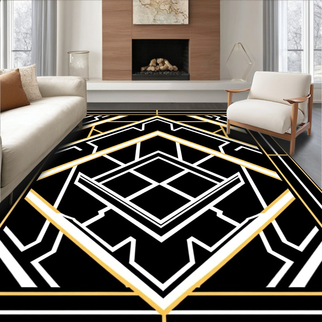 Black Gold White Geometric Deco Rug