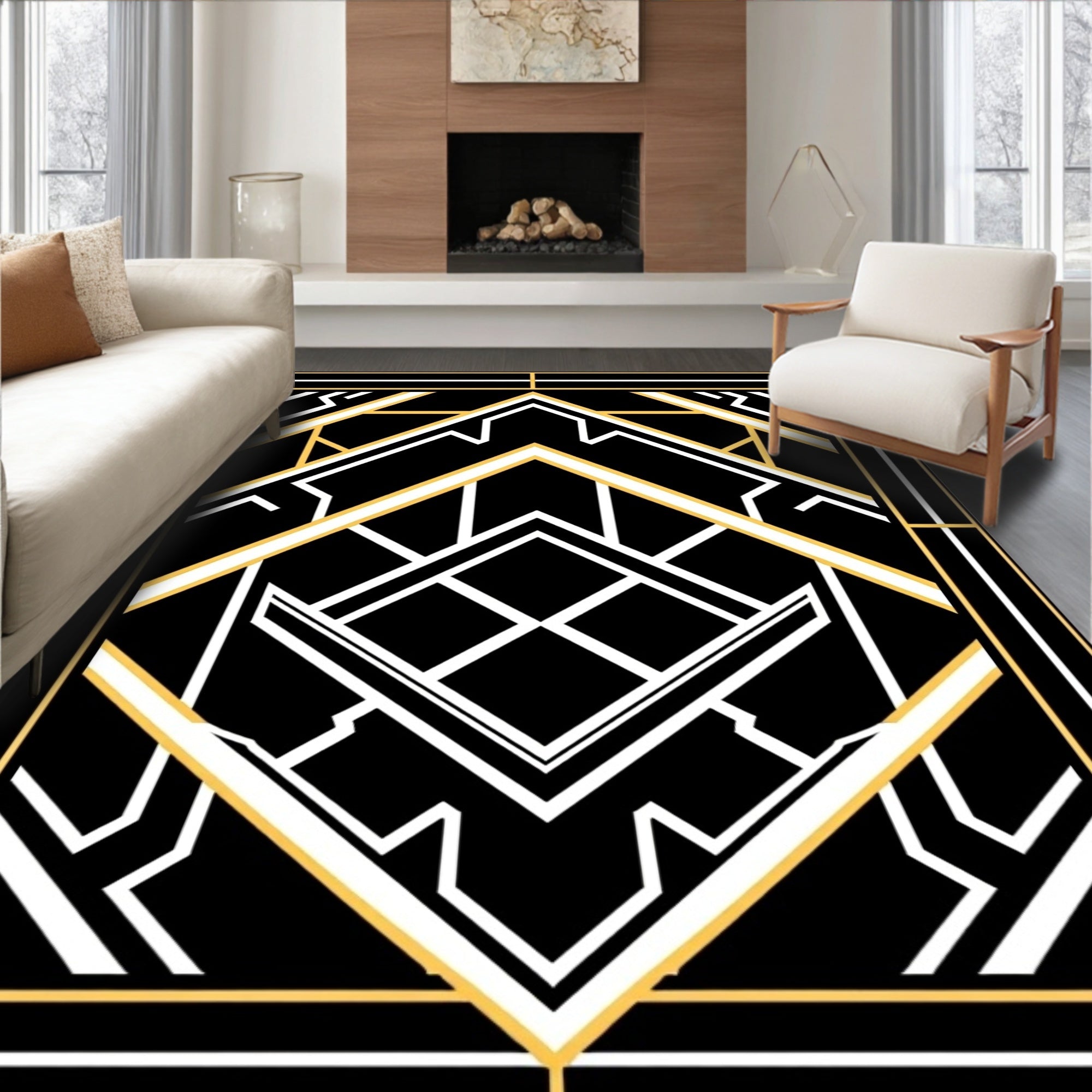 Black Gold White Geometric Deco Rug
