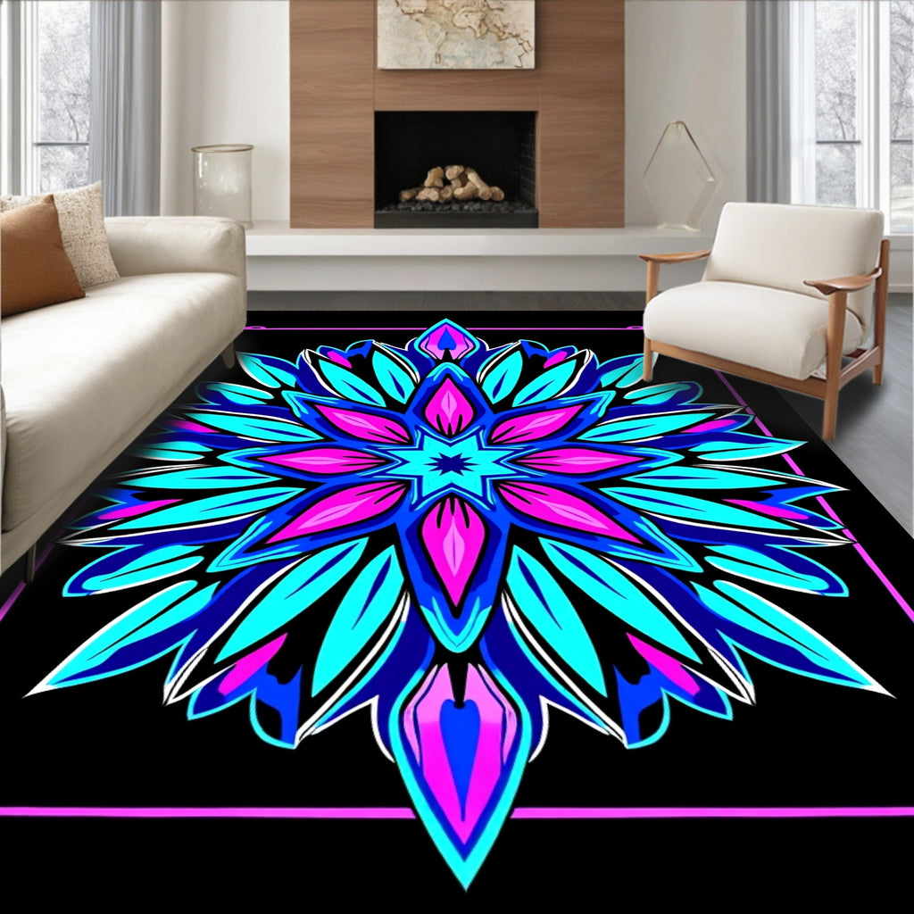 Vibrant Blue Pink Starburst Mandala Rug