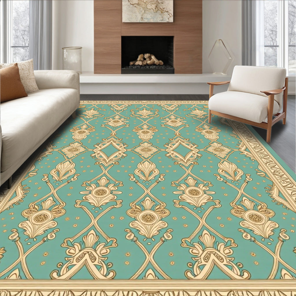 Vintage Teal Floral Scroll Border Rug
