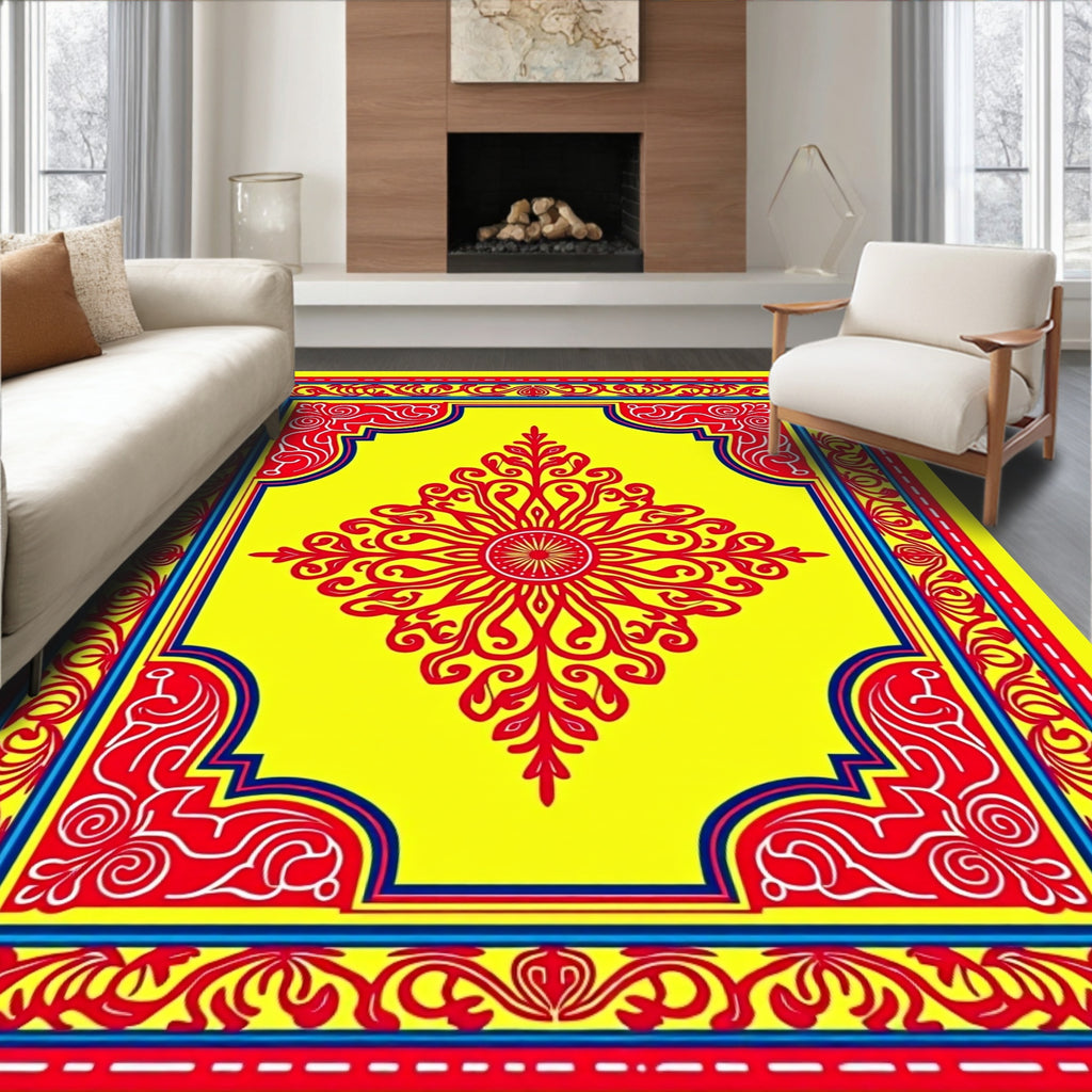 Vibrant Red Sunburst Yellow Medallion Border Rug
