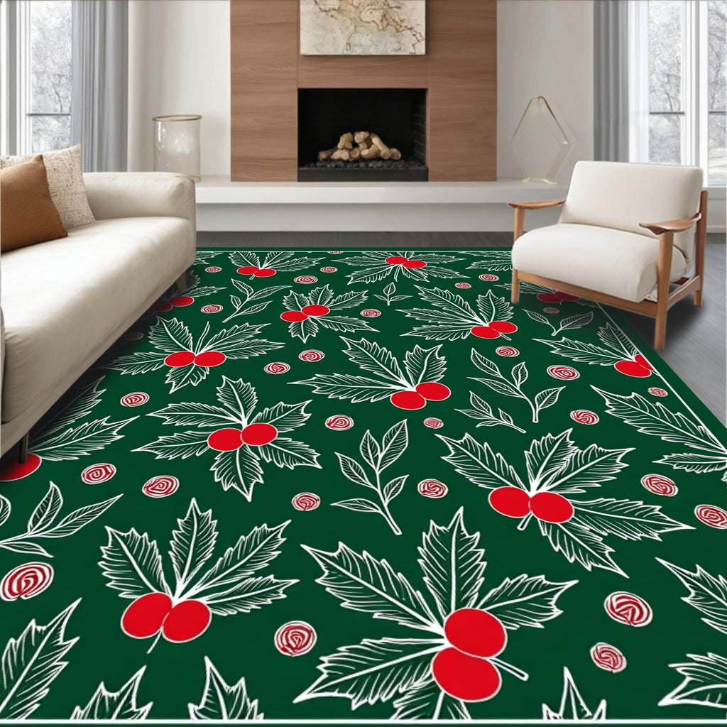 Festive Green Holly Berry Sprigs Rug