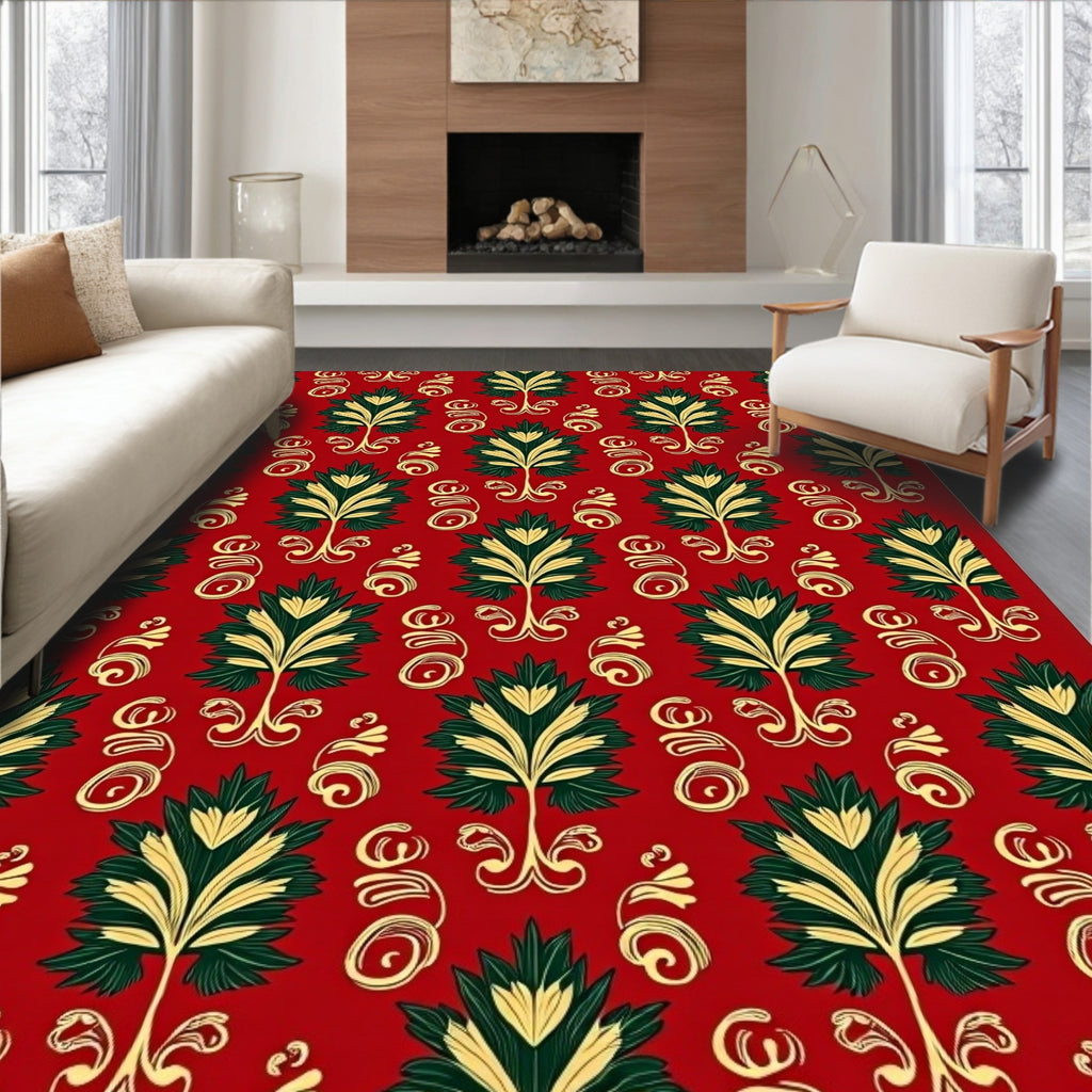 Red Green Gold Stylized Floral Scroll Rug
