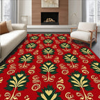 Red Green Gold Stylized Floral Scroll Rug