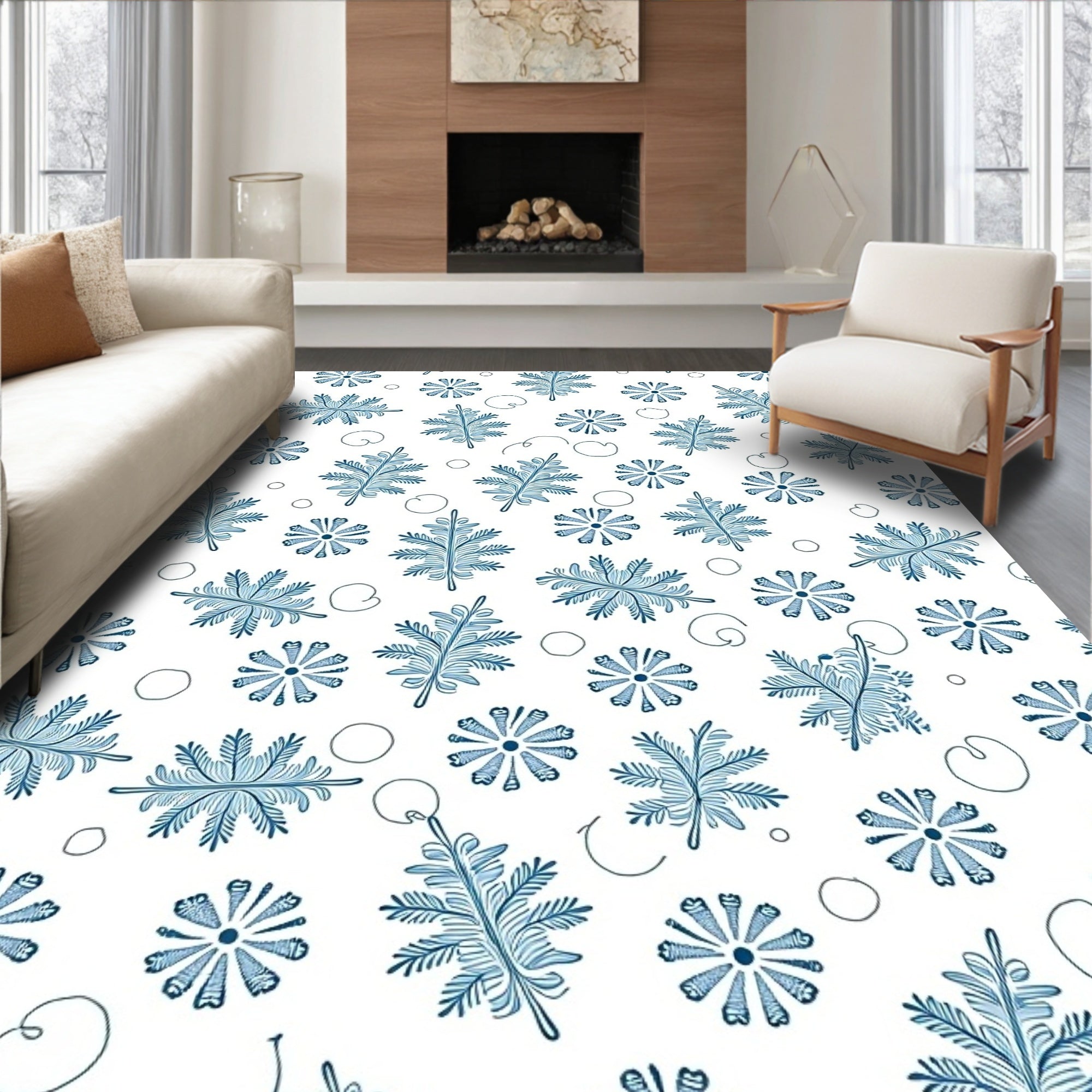 Blue Fern Floral Scattered Rug