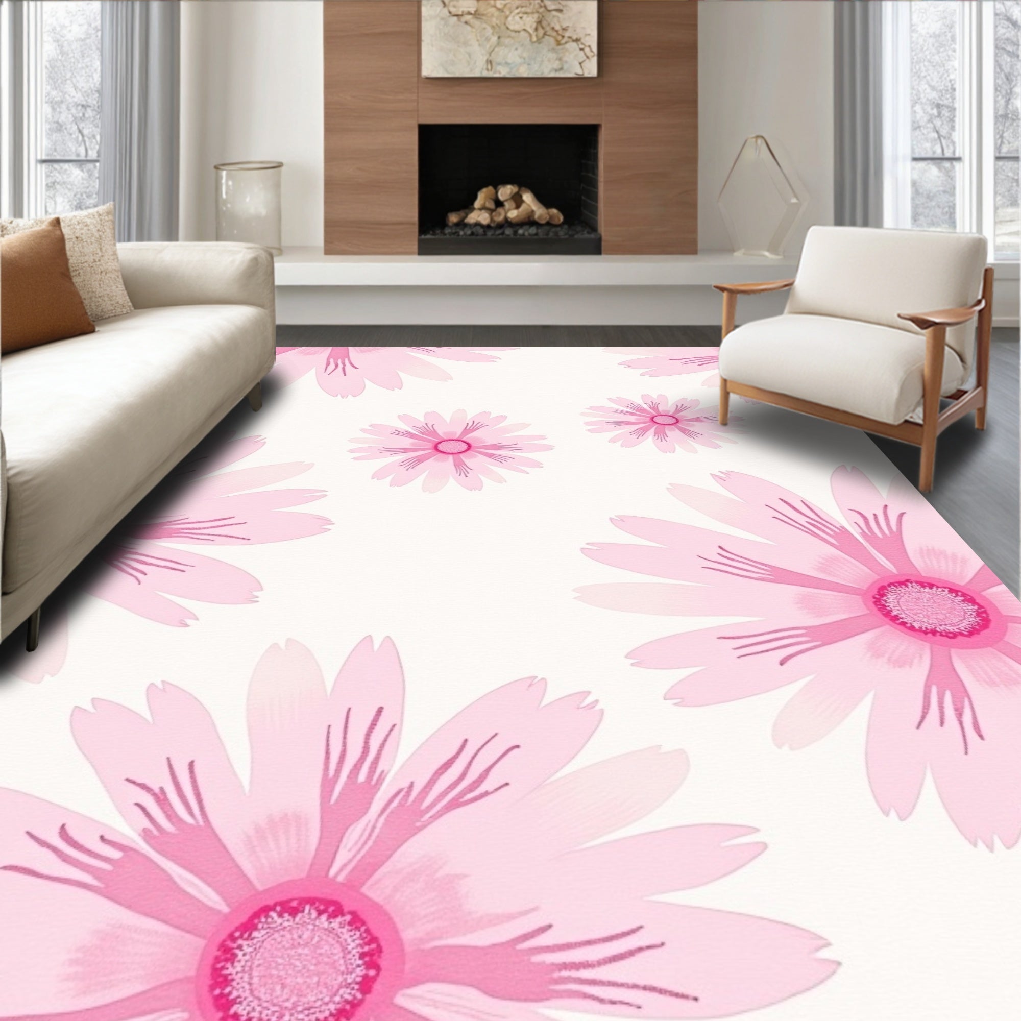 Pink Daisy Meadow Floral Arrangement Rug