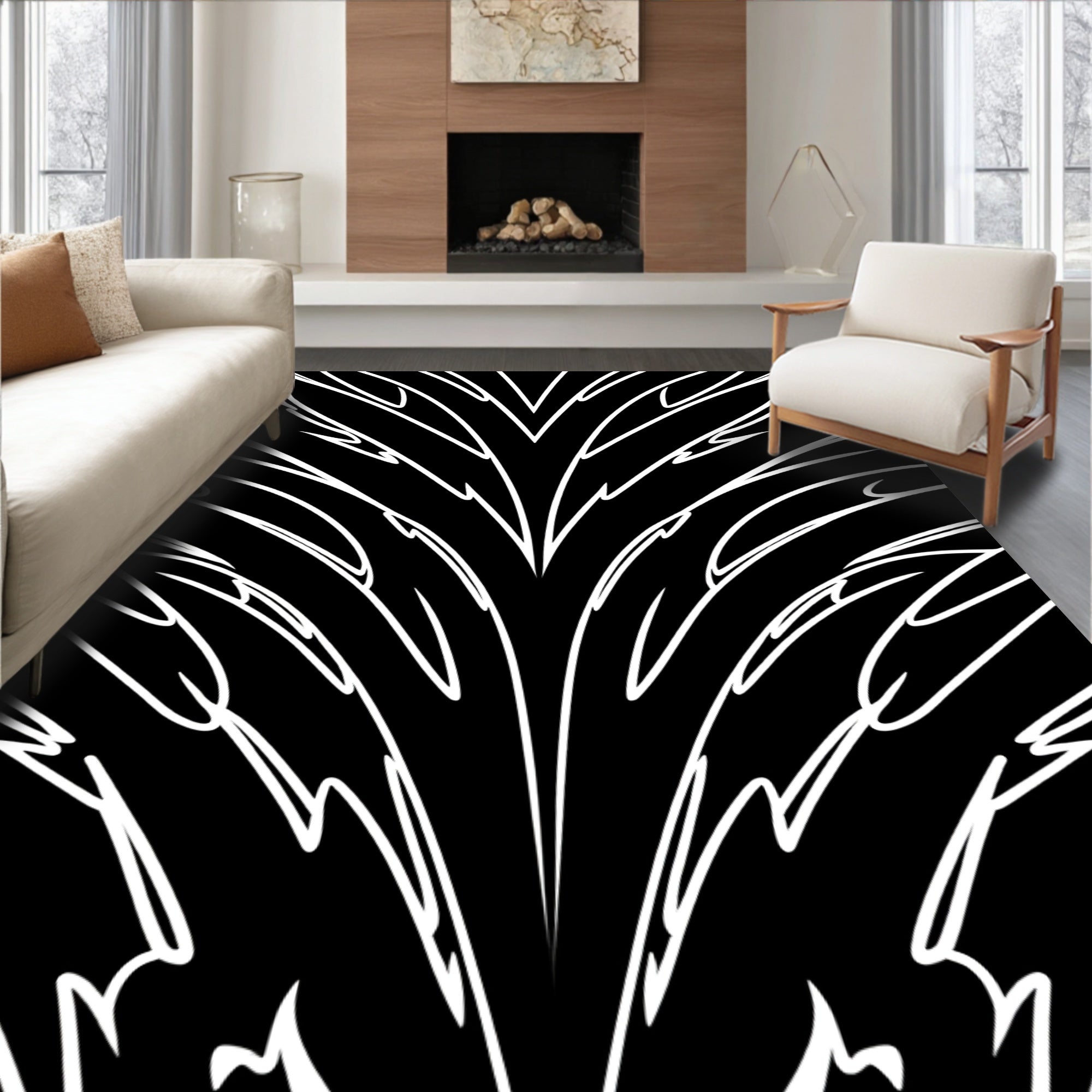Mono White Feathered Lines Rug