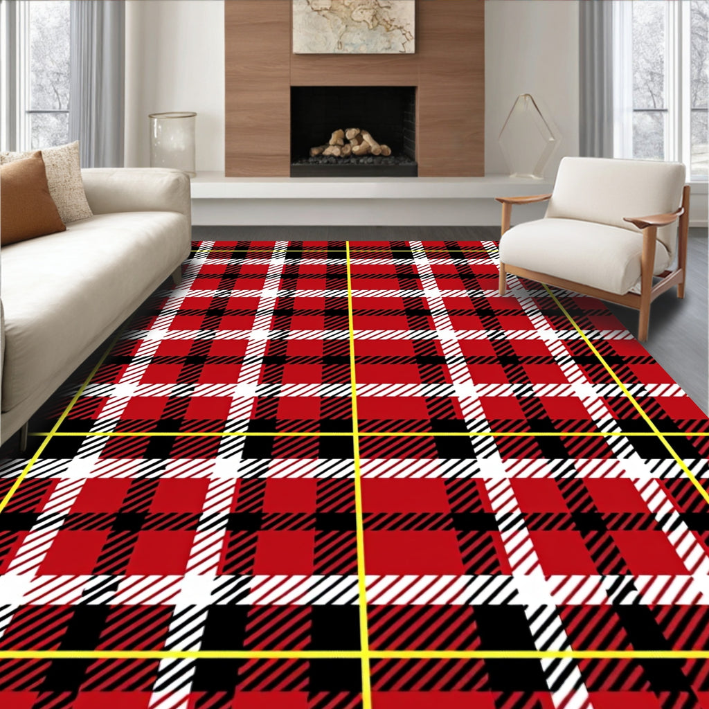 Bold Red Black White Plaid Check Rug