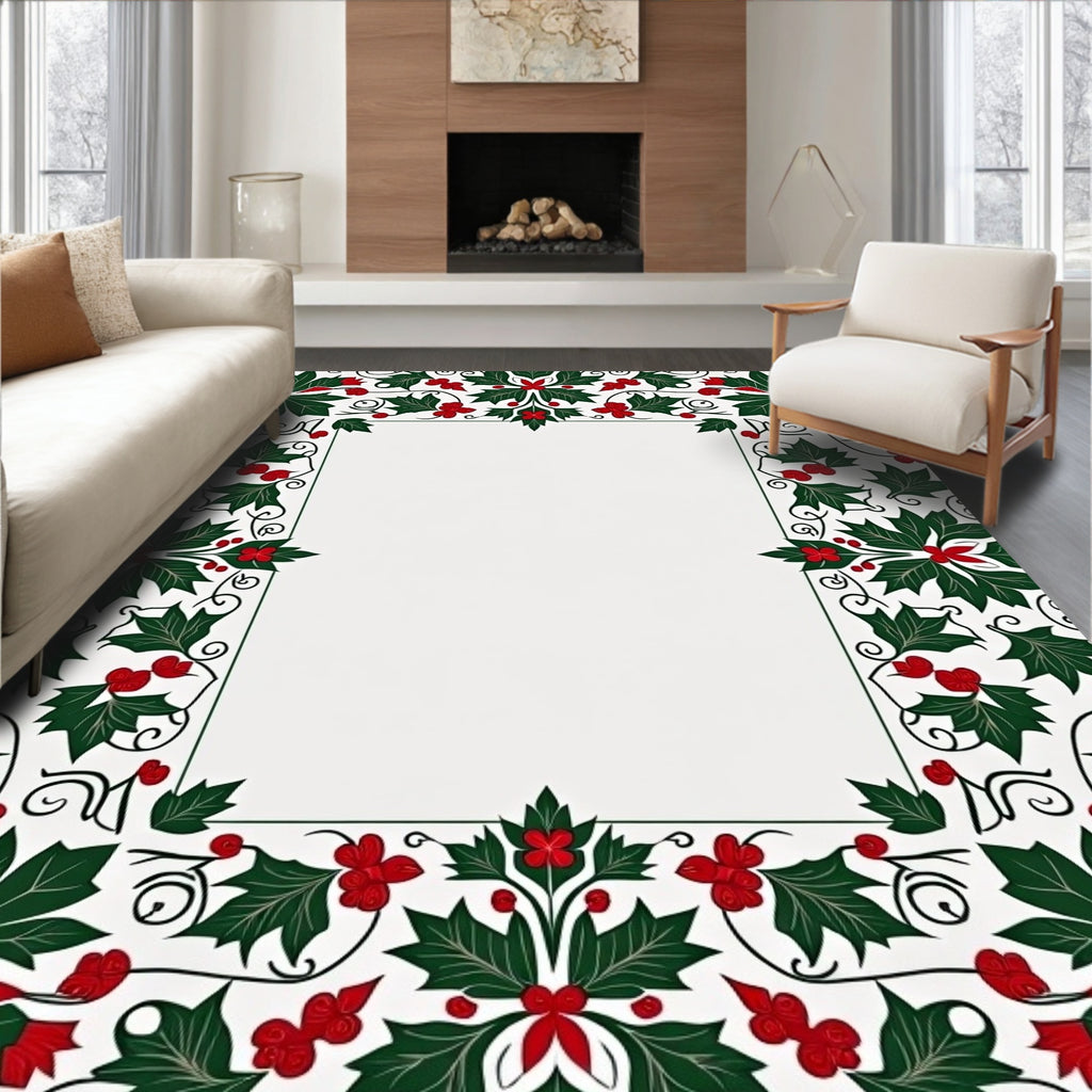 Festive Green Red Holly Border Rug