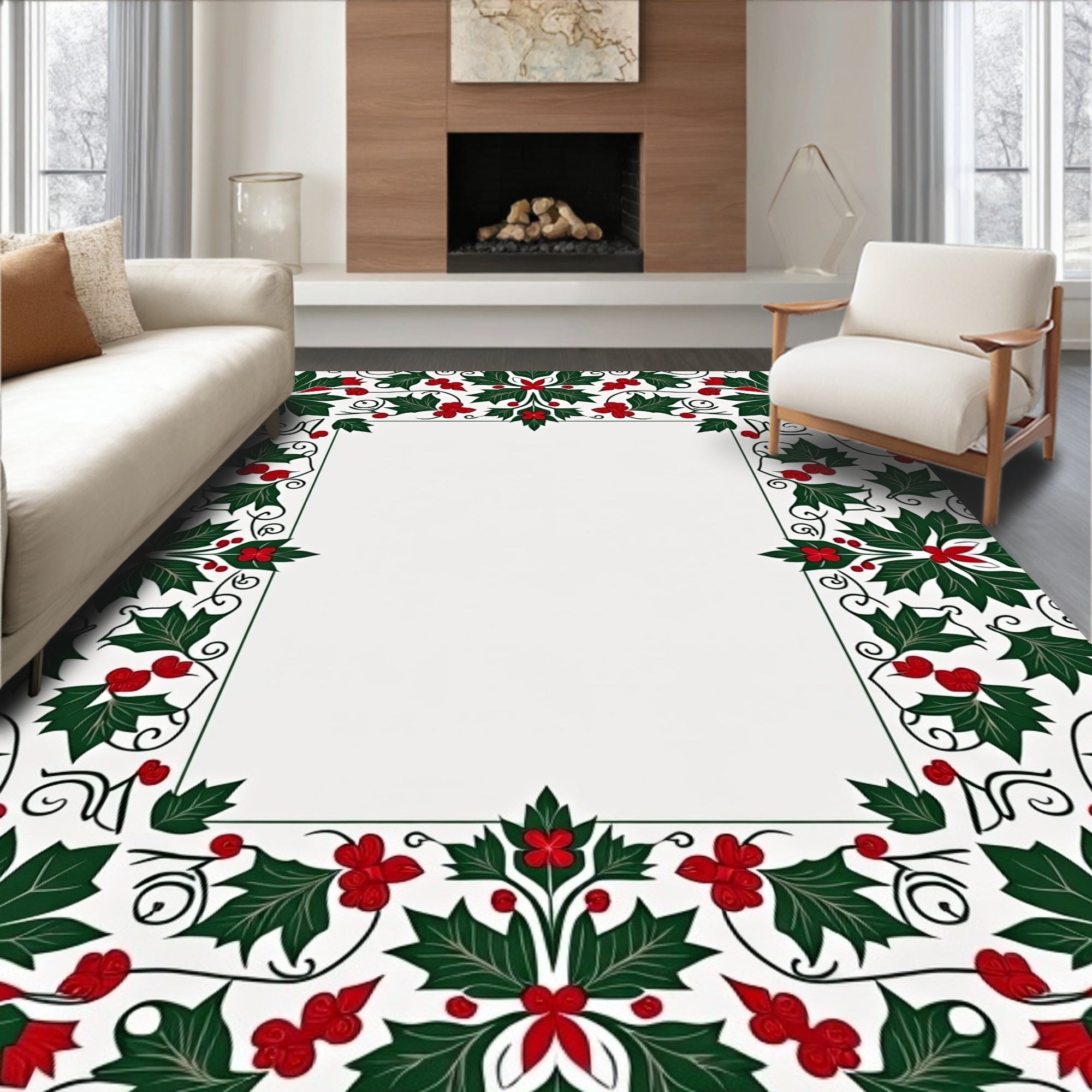Festive Green Red Holly Border Rug