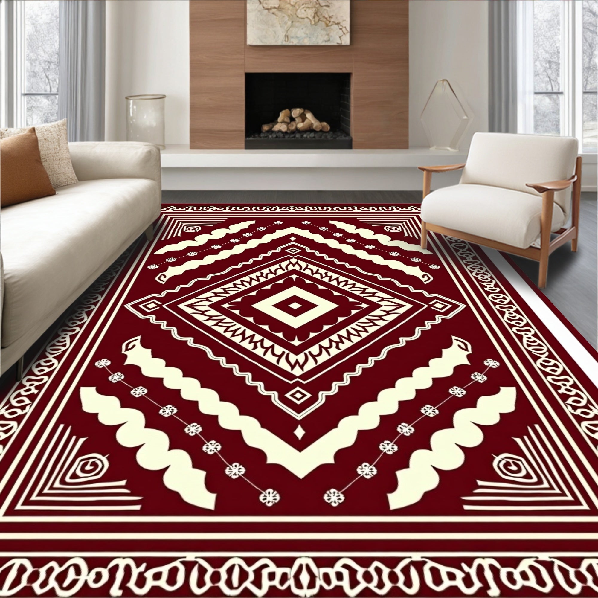 Deep Red Cream Geometric Diamond Medallion Rug