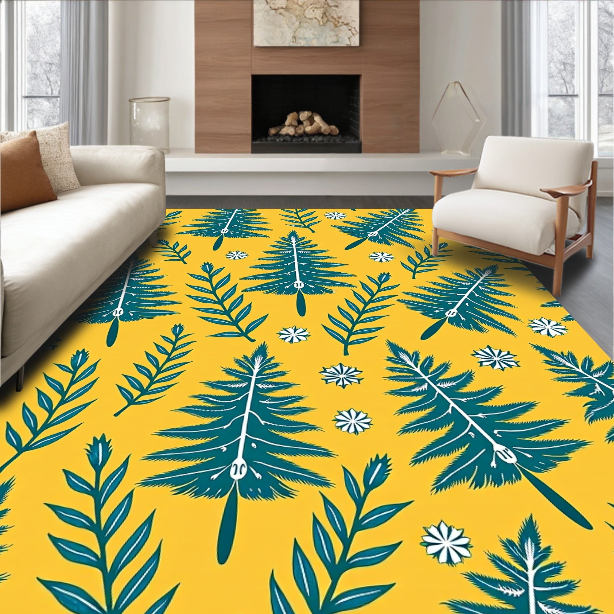 Teal Pine Tree Floral Yellow Background Rug